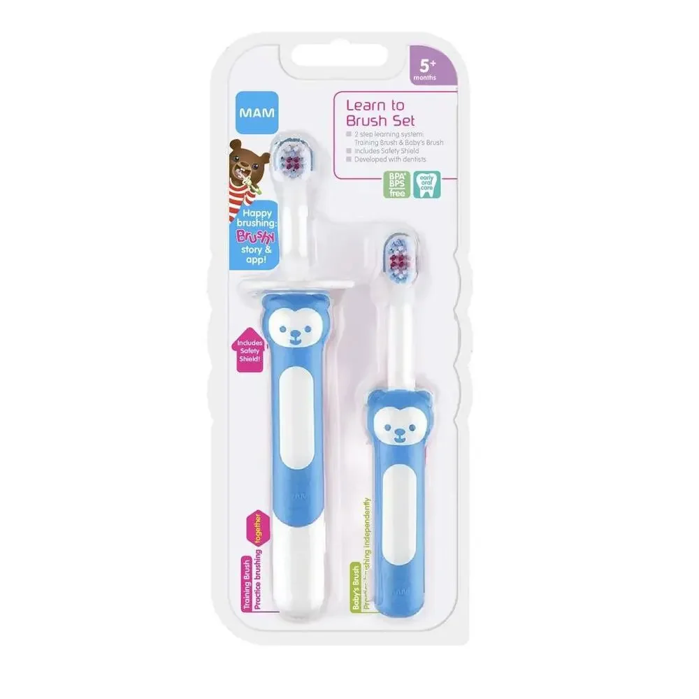 NEW MAM Blue‎ Learn to Brush Toothbrush set for baby 5+ months Training Shield!